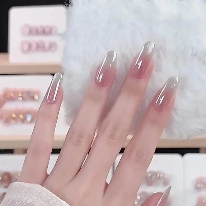1Set Handmade Nude Cat Eye Nails Simple Long Short Style Spring Summer Removable Nail Tips 3 Sizes