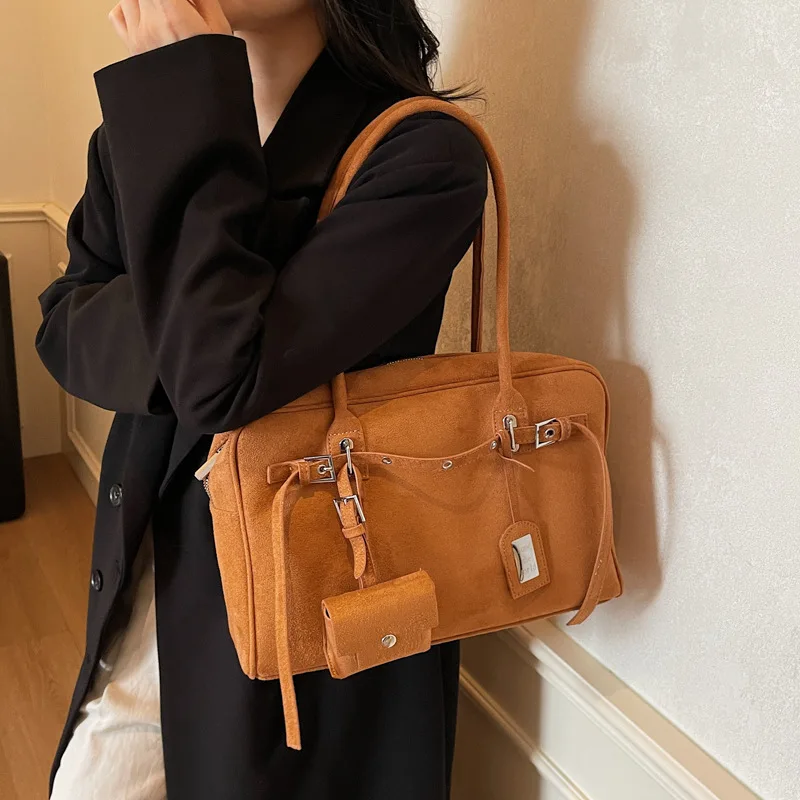 Autumn and Winter Retro Suede Handheld briefcase for women's new style simple single shoulder armpit bag large capacity tote bag