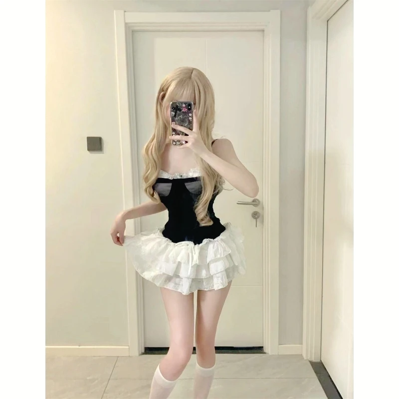 

Sweet and Spicy Lace Splicing Contrasting Colors Sexy Slim Suspender Top Summer Bow Slim Puffy Cake Skirt Set Fishnet Bodysuit