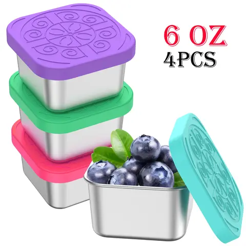 4 adet 2/6 oz aperatif konteyneri paslanmaz çelik salata kutusu silikon kapaklı sızdırmaz taşınabilir istiflenebilir soyunma gıda saklama kutusu