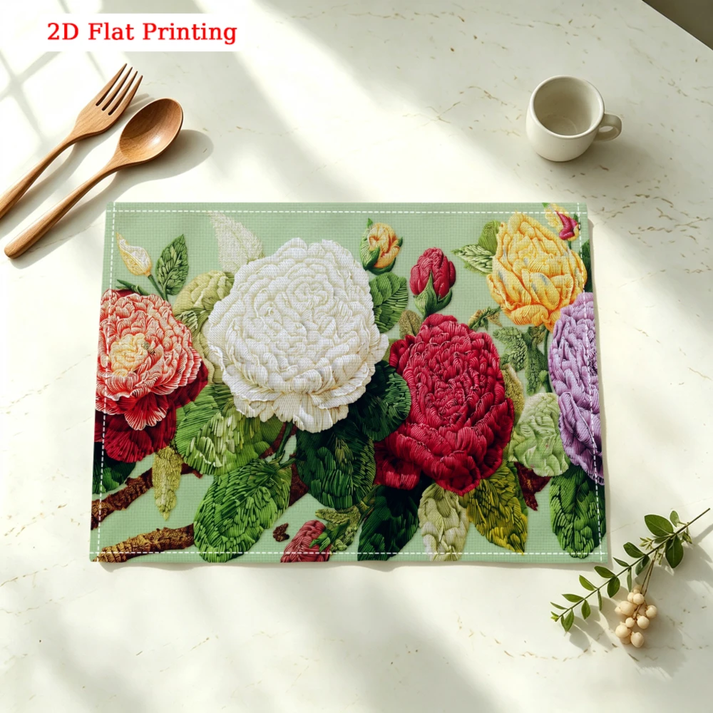Colorful Floral Bouquet Print Design Kitchen Placemat Coaster Linen Pad Dish Coffee Cup Table Mat 30x40cm Home Decor