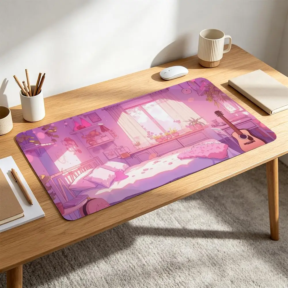 Pastel Pink Anime Bedroom Desk Mat XXL Cozy Lofi Aesthetic Room Bed Guitar Plants Sunlit Window Soft Purple Pink Art Non Slip