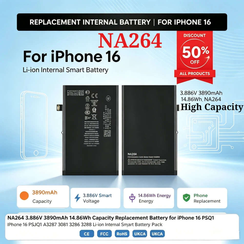 NA264 3.886V 3890mAh 14.86Wh Capacity Replacement Battery for IPhone 16 PSJQ1 A3287 3081 3286 3288 Li-ion Internal Smart Battery