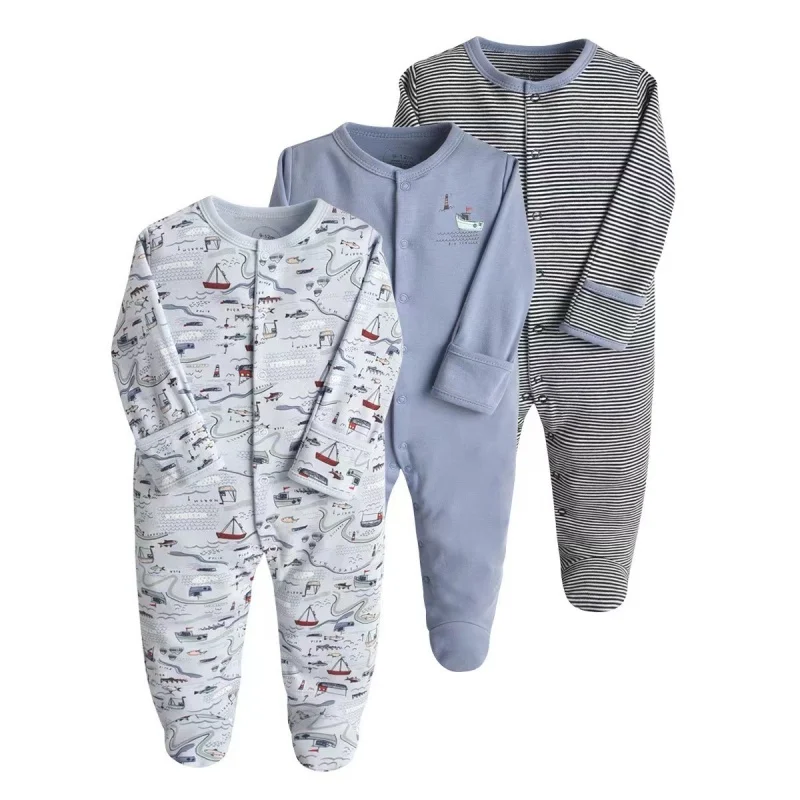 Barboteuse rayée à manches longues pour bébés garçons et filles, combinaison à pieds en coton doux, vêtements chauds pour nouveau-nés, vêtements à la mode, 3 pièces