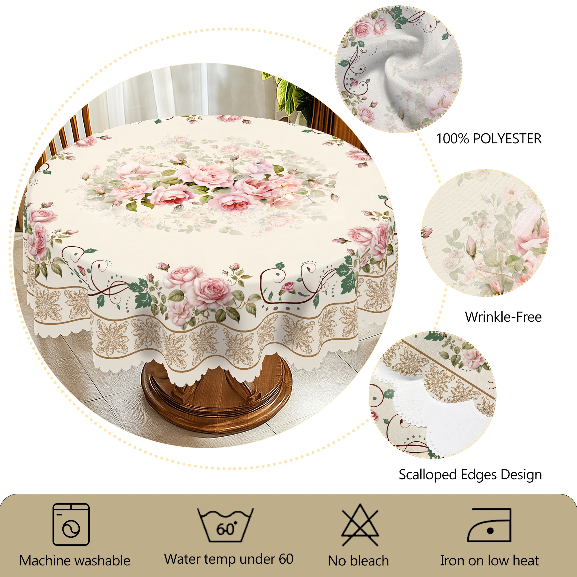 قطعة واحدة من مفرش المائدة المستدير الزهري، 5 مقاسات متوفرة، مفرش طاولة مطبوع بنمط الأزهار الرجعية، عملية نقش الحواف، ديكور مفرش طاولة حديقة الربيع، مفرش طاولة للمطبخ المنزلي اليومي، الشرفة، ديكور عيد الفصح، ديكور الربيع #5