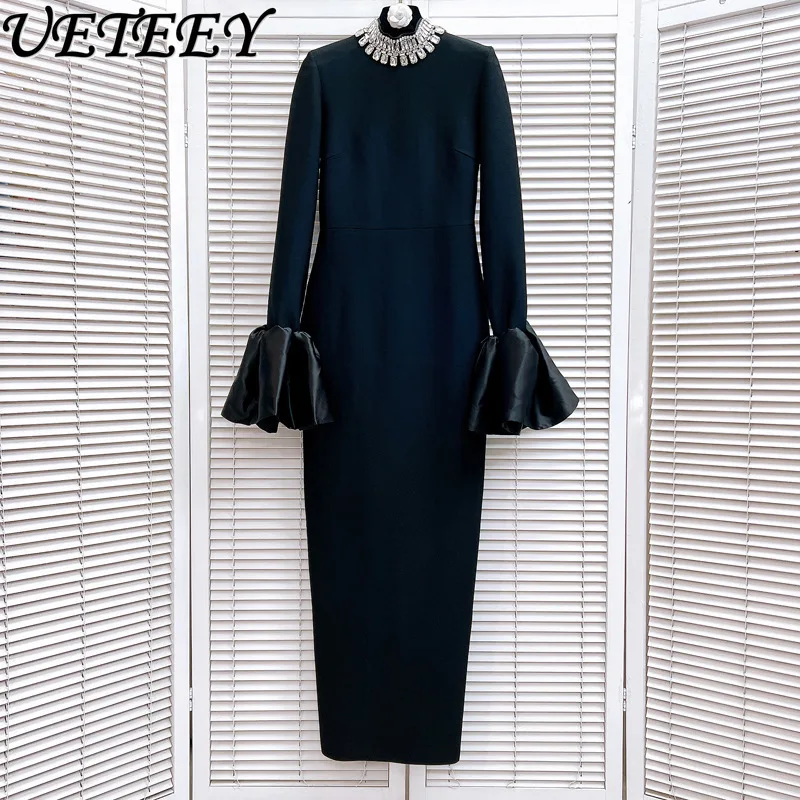 

European Horn Sleeve Neckline Handmade Nail Drill Long Sleeve Dress Lady Autumn New Black Long Bandage Dress Banquet Party Dress