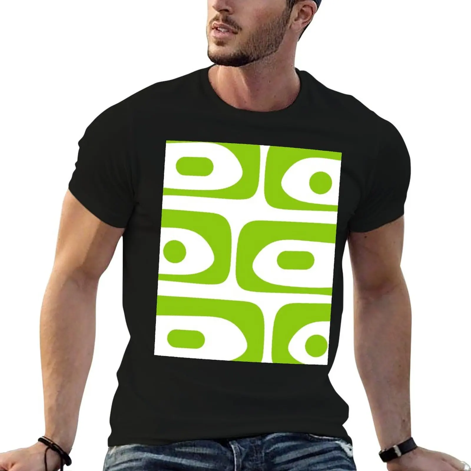 Mid Century Modern Piquet Abstract Pattern in Lime Green and White T-Shirt Casual Daily Wear Short Sleeve Top
