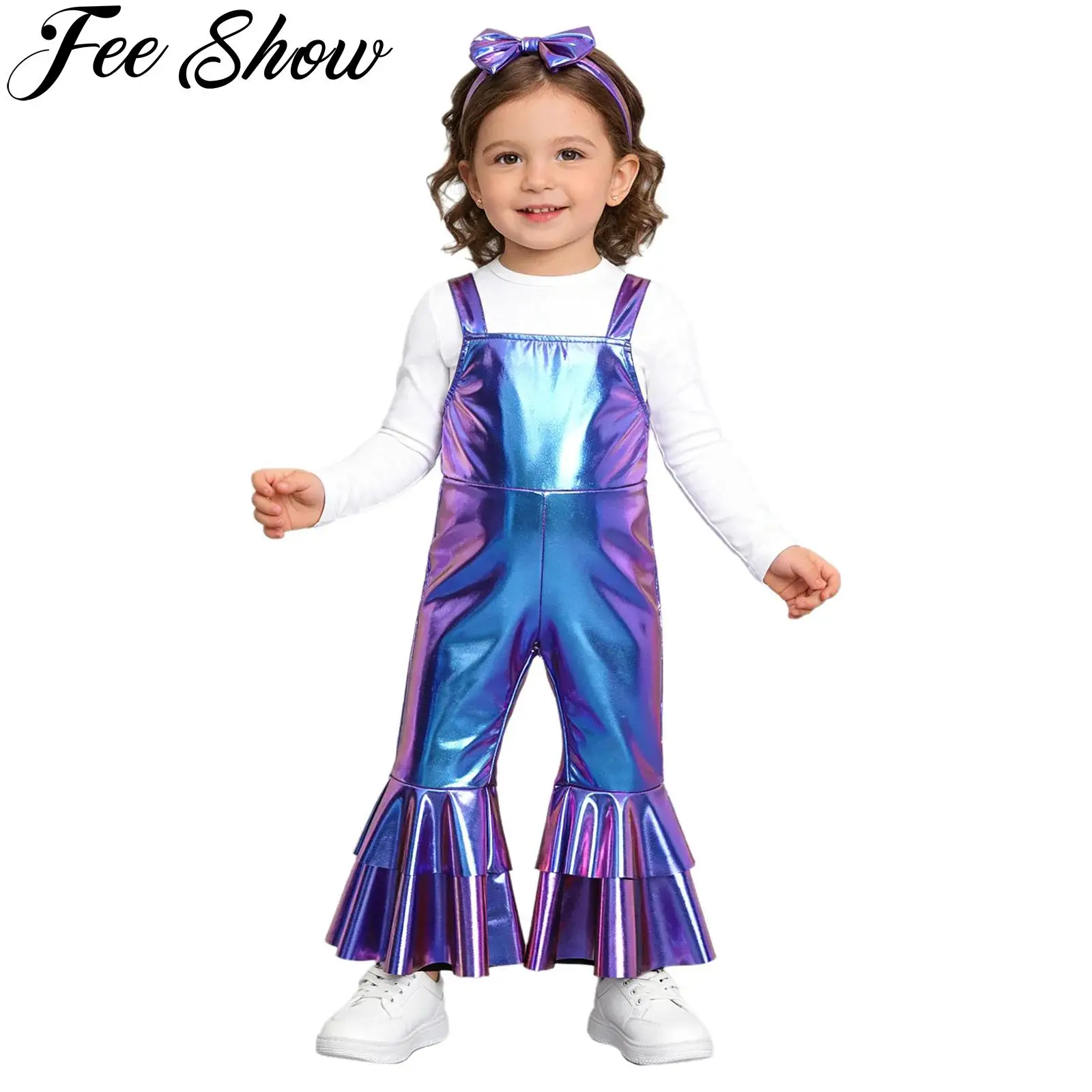 

Комбинезон-ромпер для девочек с металлическими расклешенными штанинами, регулируемыми бретелями, бантом и головным убором для дня рождения и фотосессии