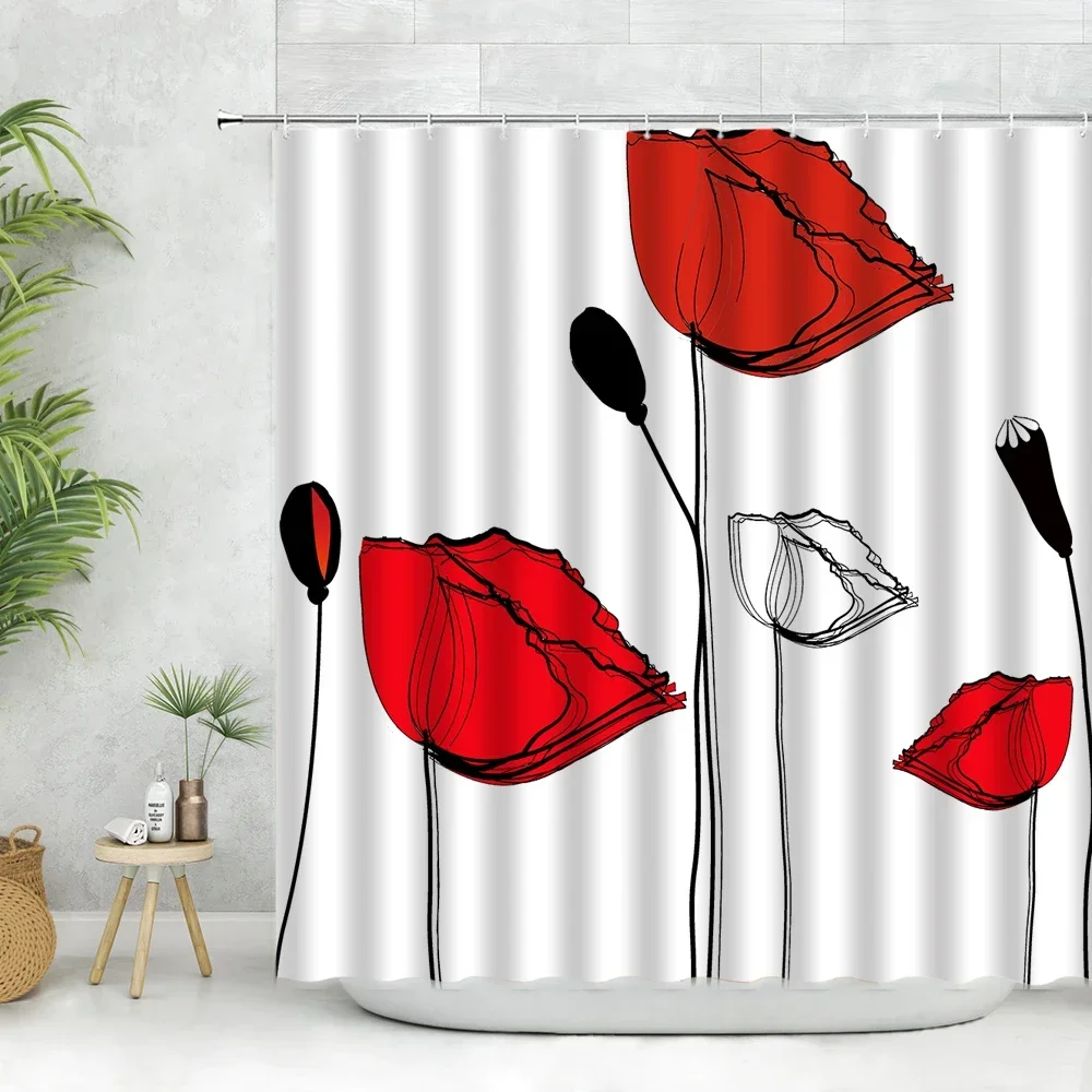 Red Poppy Floral Shower Curtain Hooks Flower Plant Modern Art Black Background Wall Cloth Bathroom Decor Polyester Curtains Set