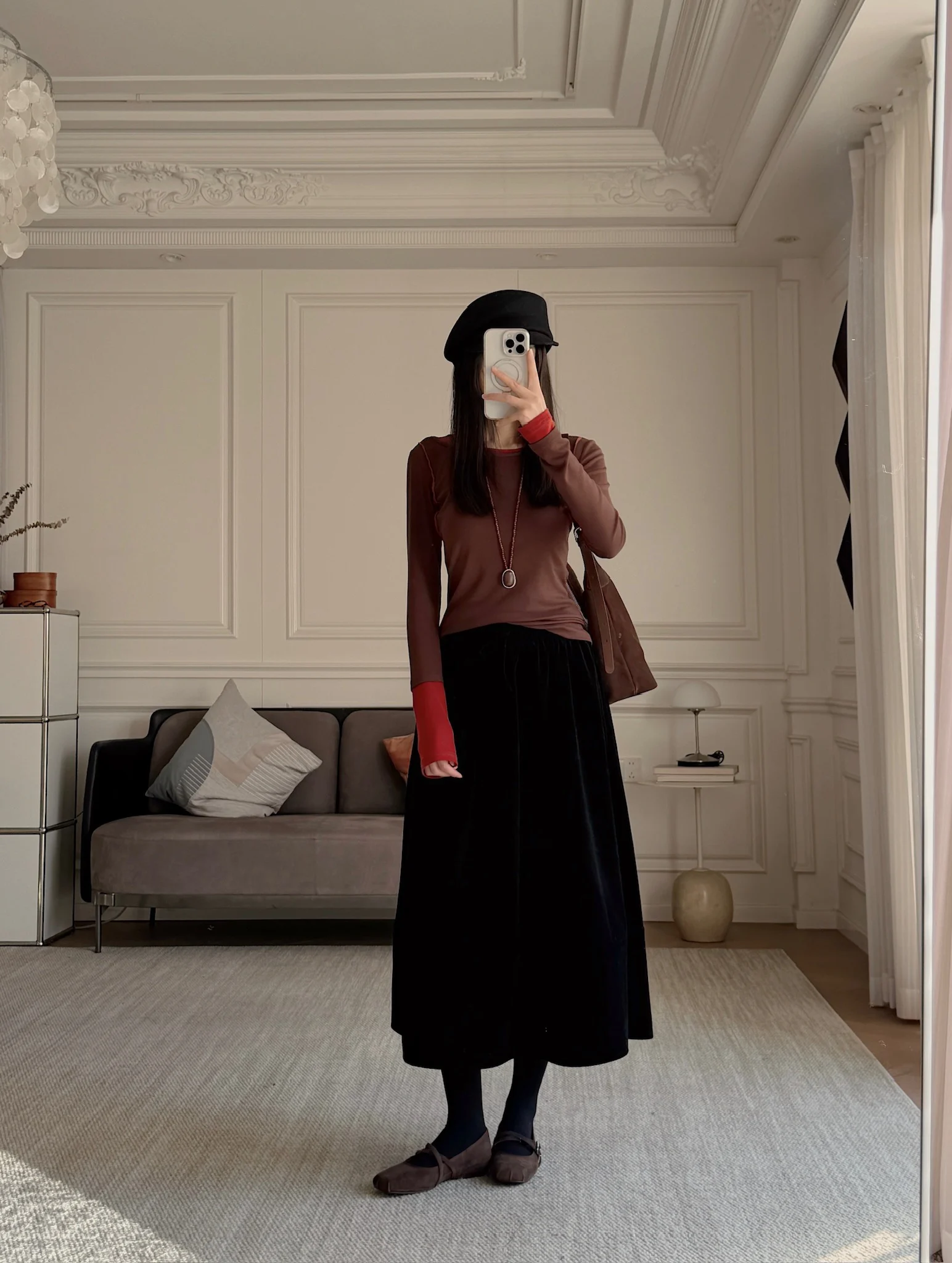 

Женский свободный вязаный топ из смесовой шерсти и лиоцелла с длинным рукавом, круглым вырезом и полосатым узором, а также вельветовая юбка-зонтик