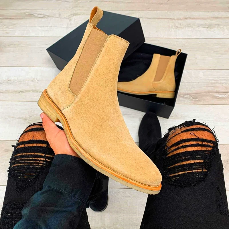 Chelsea Boots Men Handmade Business Black Red Slip on Flock Pu Cowboy Boots Sapato Masculino Men Boots