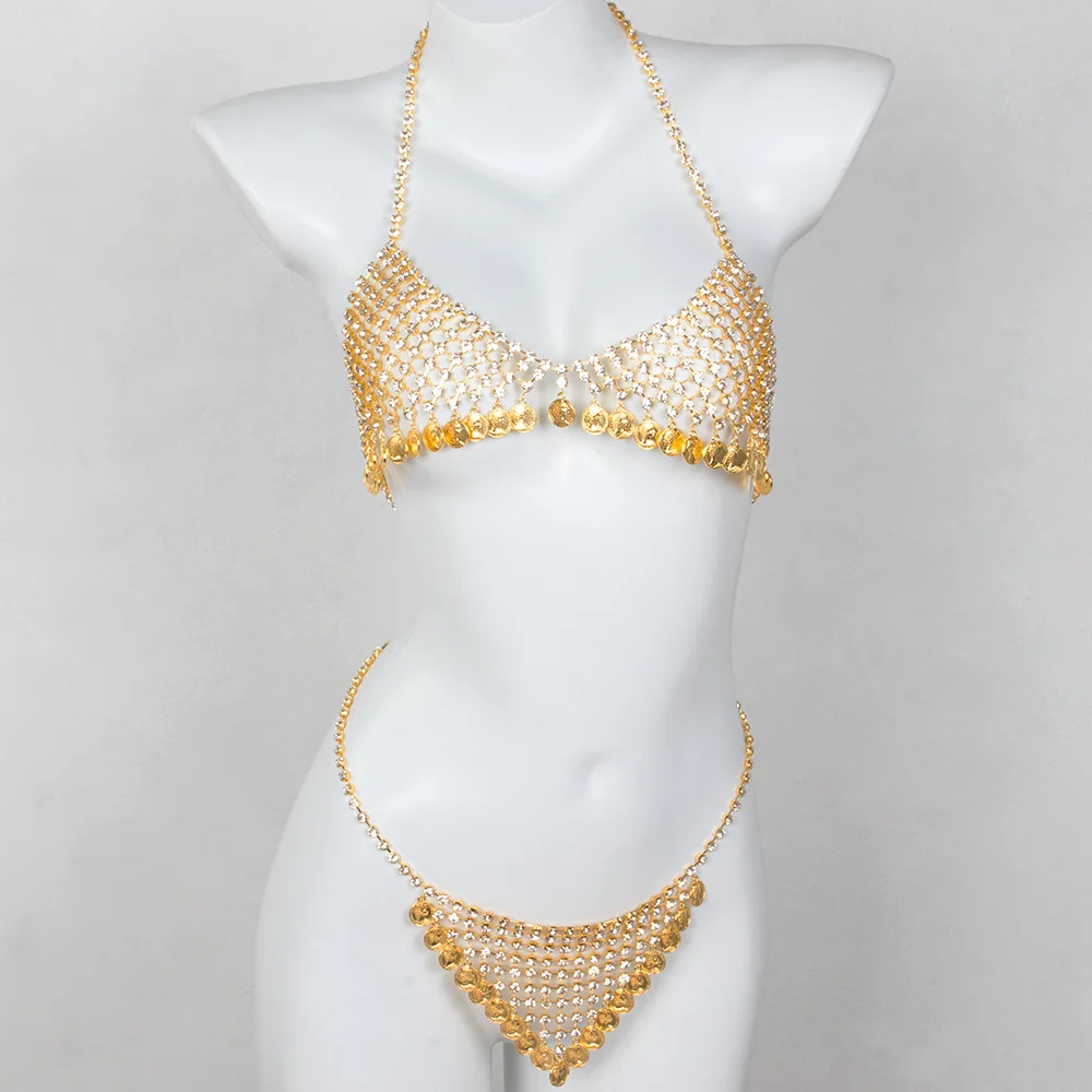 

Fashionable Hanging Neck Style Hollow Out Sequin Tassels Bra Underwear Two Piece Set Body Chain Jewelry