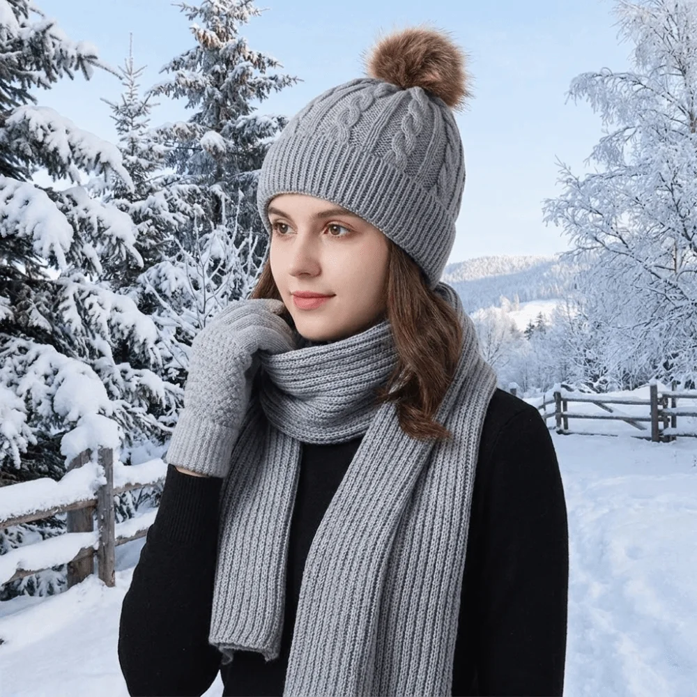 3Pcs/Set Fashion Cold Proof Scarf Hat Gloves Set Elastic Warmer Mittens Woolen Hat Soft Solid Color Knitted Scarf Cycling