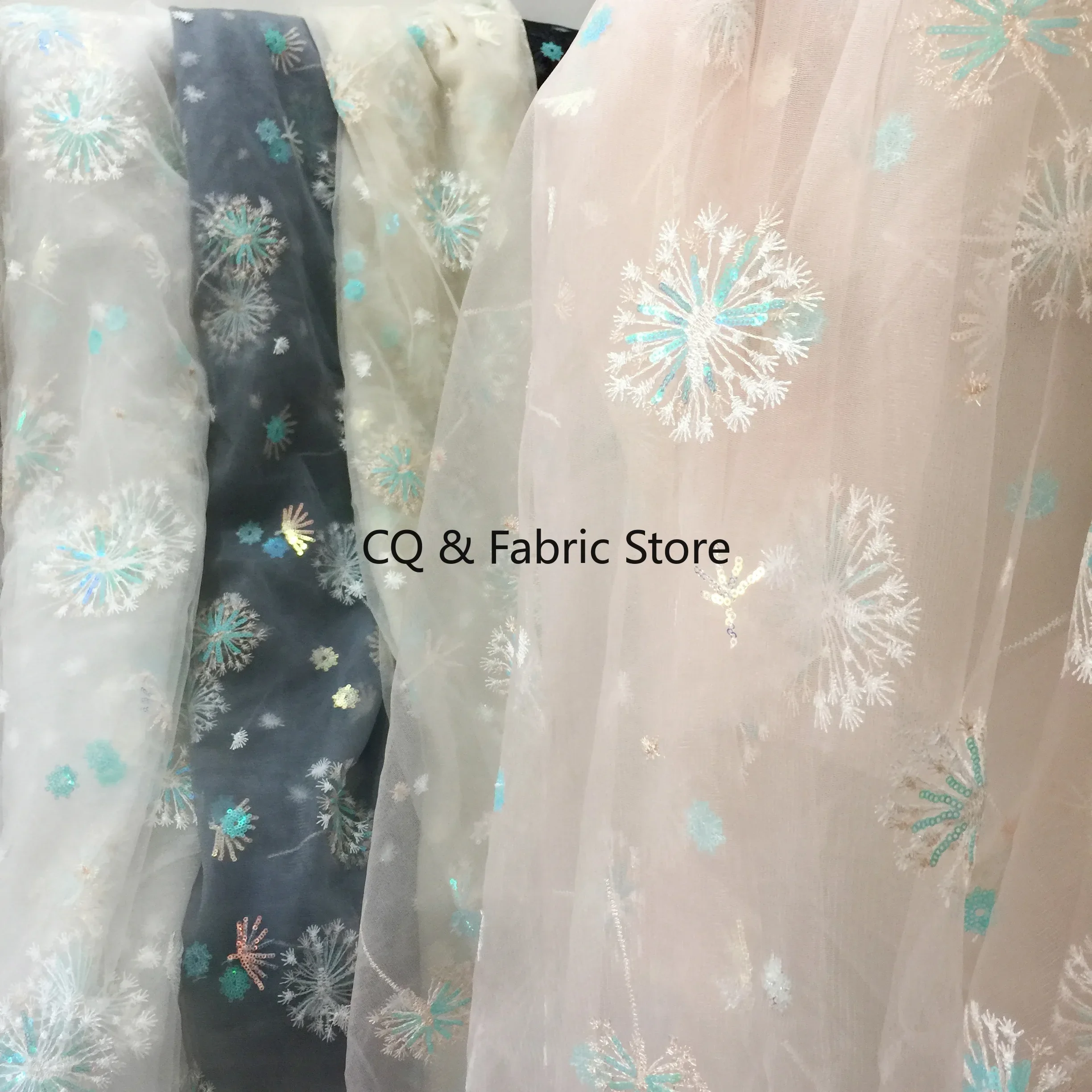 Yarn Lace Dandelion Sequin Embroidery Fabric DIY Girls Dress Skirt Tulle Mesh Fabric