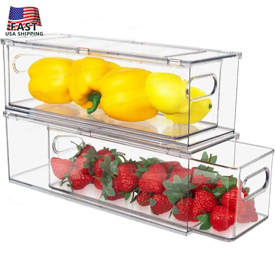 

Abiudeng 2 Pack Stackable Refrigerator Organizer Bins with Pull-out Drawer Drawable Clear Fridge Drawer Organizer with Handle P
