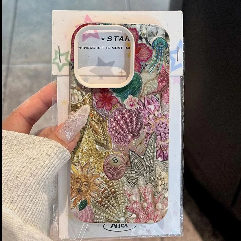 

Ocean Pearl Embroidery Pattern Phone Case For iPhone 17 16 15 14 13 12 11 Pro Max XS XR X 8 7 Plus 17E 16E 17 Air Silicone Cover
