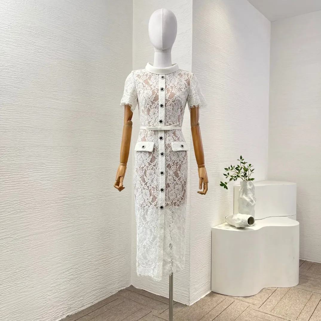 

Female High Guality White Short Sleeve Lace Patchwork O Neck Tight Midi Dress for Work