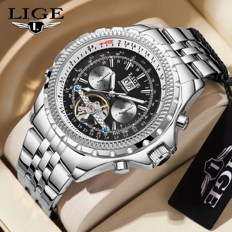 LIGE Tourbillon Automatic Watch Men Military Watches Stainless Steel Date Week Luminous Dial Watch Luxury Mechanical Watches+Box