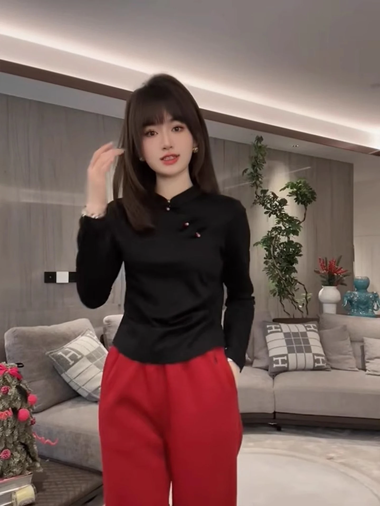 Ele Chinese Sle Damen Long Sve irt Button up Ne Design Straight Cut Pendeln Sle Strickoberteil für den Herbst