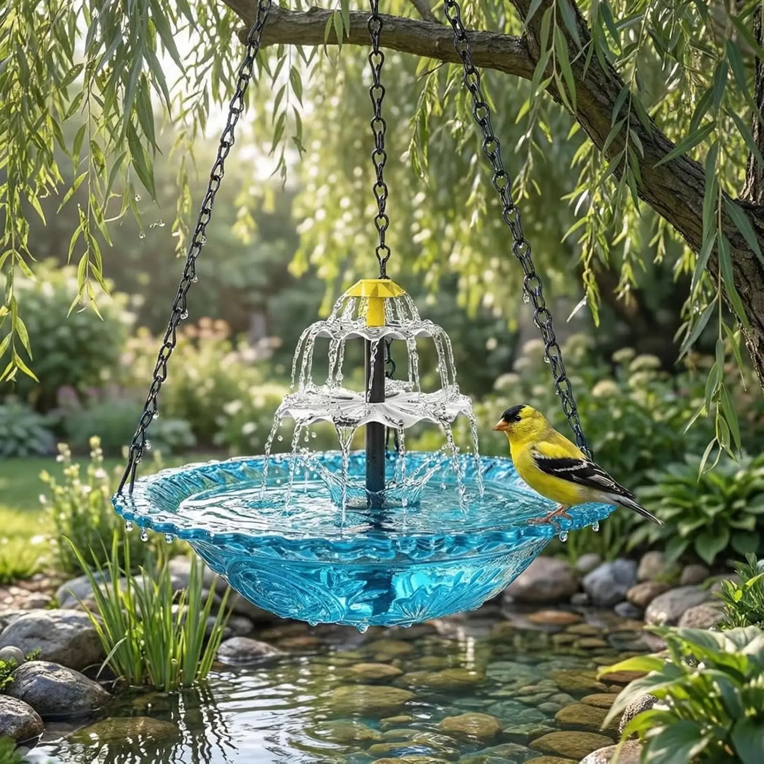 

Solar Powered Hanging Bird Bath with Flowing Water Decorative Outdoor Fountain for Yard