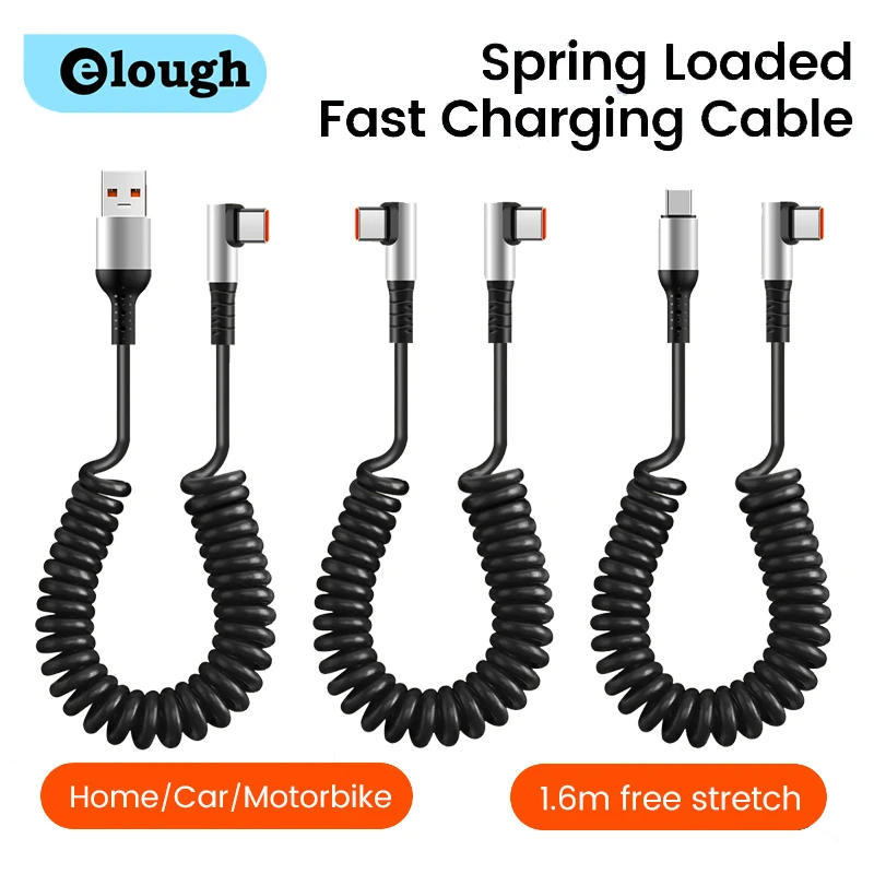 90° Elbow USB Spring Cable 6A Fast Charging Type C Car Spring Charging Cable for iphone 15 Pro Max Samsung Xiaomi Huawei 1.6M