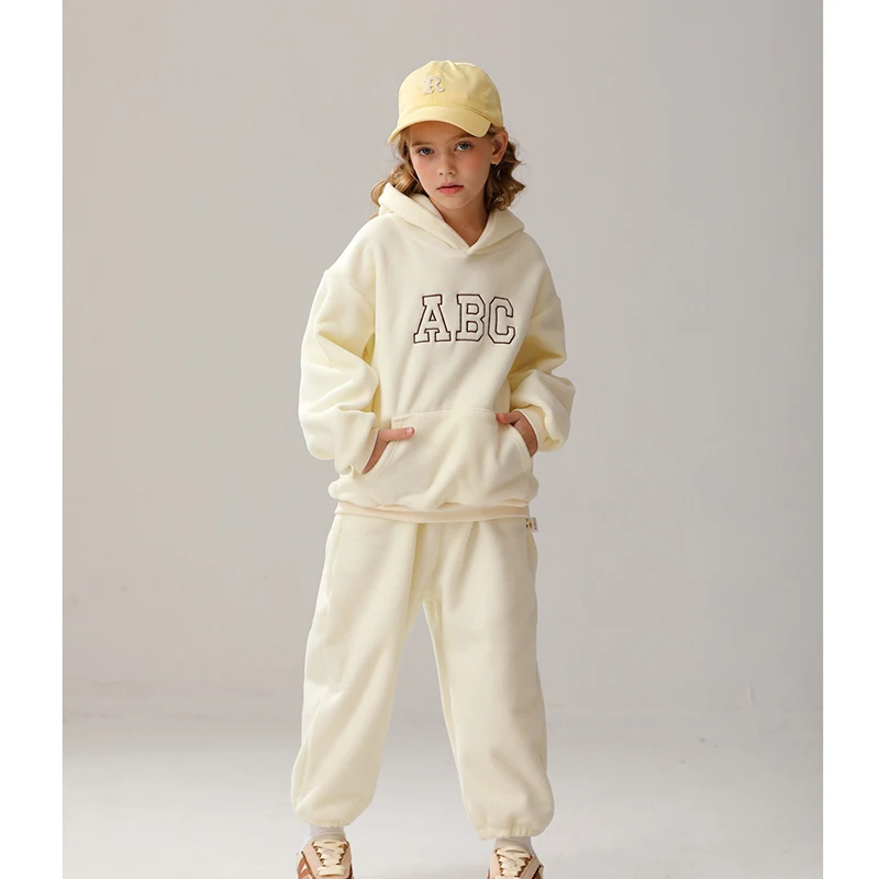 2PCS Track Suit Spring Fleece Inside Children Kids Boys Girls Hoodie Set Tops And Pants Casual Set Clothing