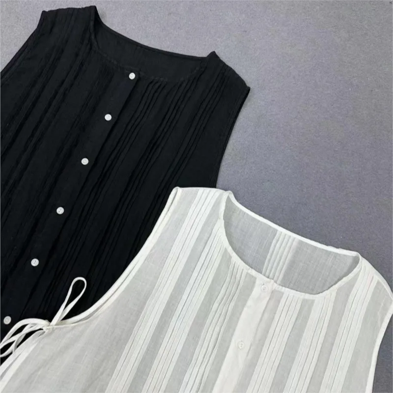 Johnature Korean Version Mori Women Pleated Heavy Industry Ramie Lace Vests 2024 New Summer Layering All Match Casual Tops