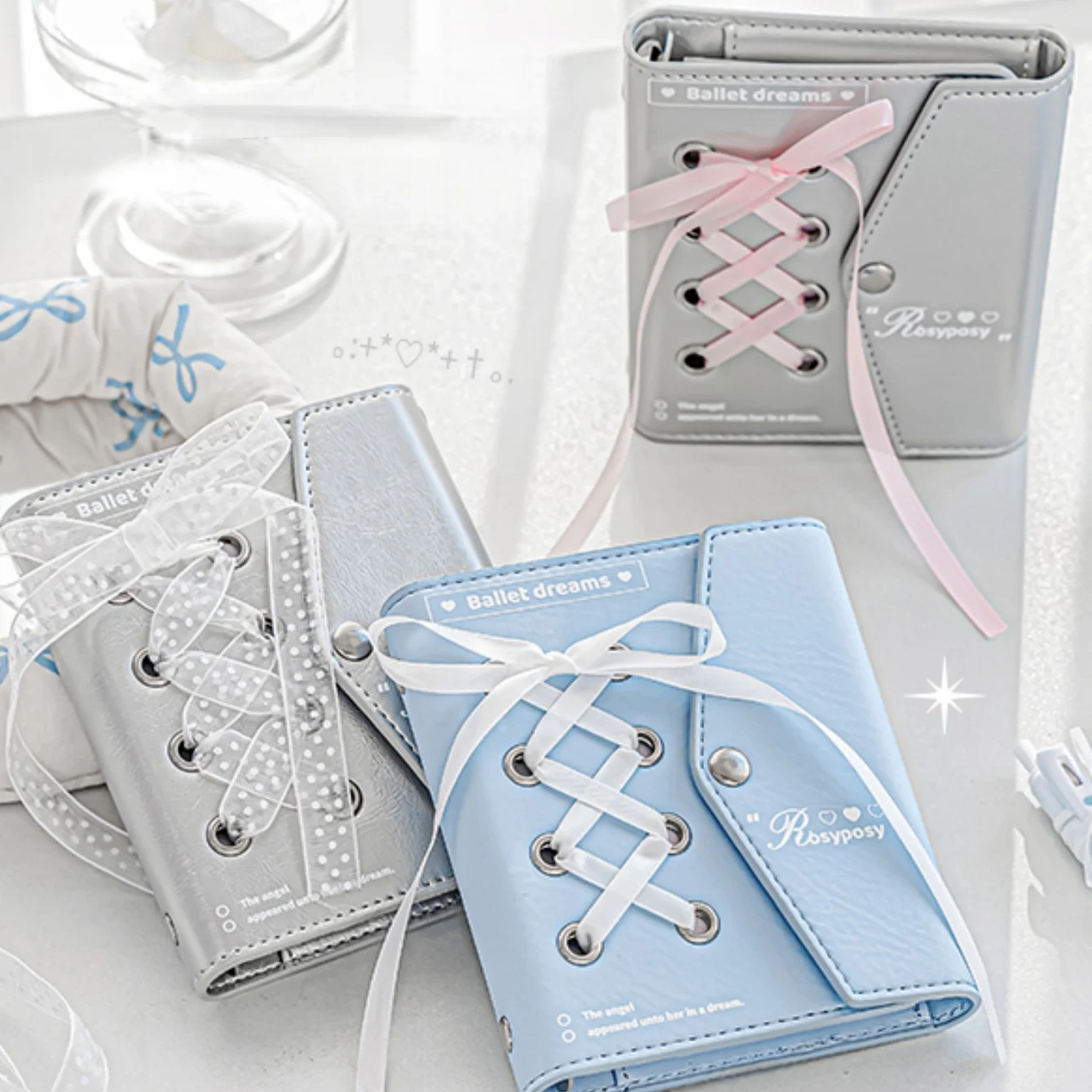 

Sweet Ballet Style PU Leather Notebook with Ribbon Journal Clear Card Pocket M5 Book Photocard Binder Planner Refillable A3335