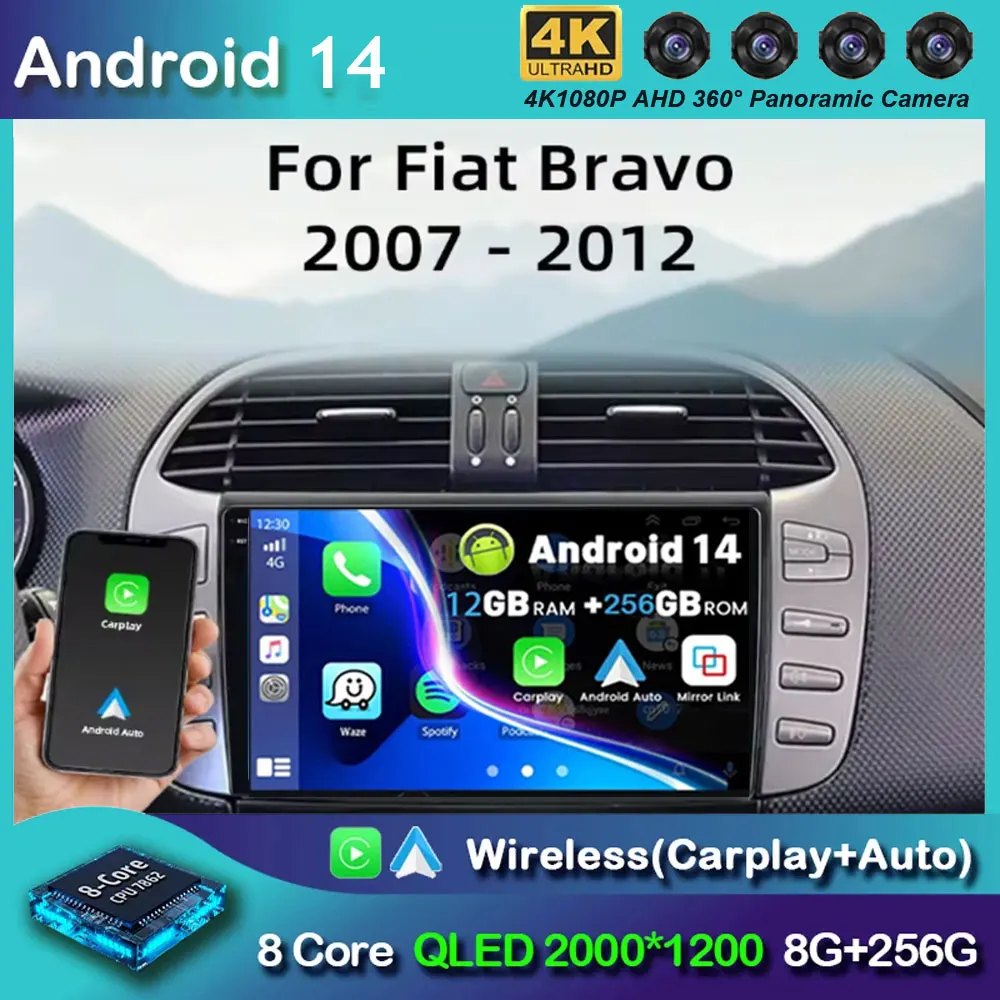 

Android 14 для Fiat Bravo 2007 2008 2009 2010 2011 2012 Автомобильный радиоприемник с навигацией Мультимедийный плеер GPS WiFi + 4G DSP BT Carplay Auto