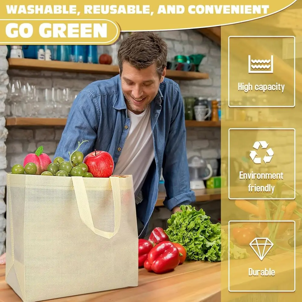 حقائب كبيرة غير منسوجة قابلة للطي مع مقابض، 12.6 × 11.8 × 6.3 بوصة، أكياس بقالة قابلة لإعادة الاستخدام للتسوق بالجملة