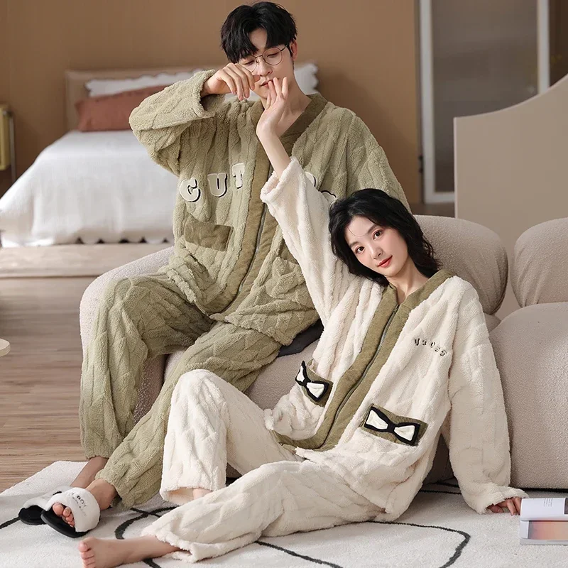 Women and Men Matching Winter Warm Sleepwear Zipper Coral Fleece Pajamas Set for Couples Big Size M-3XL pijamas para parejas