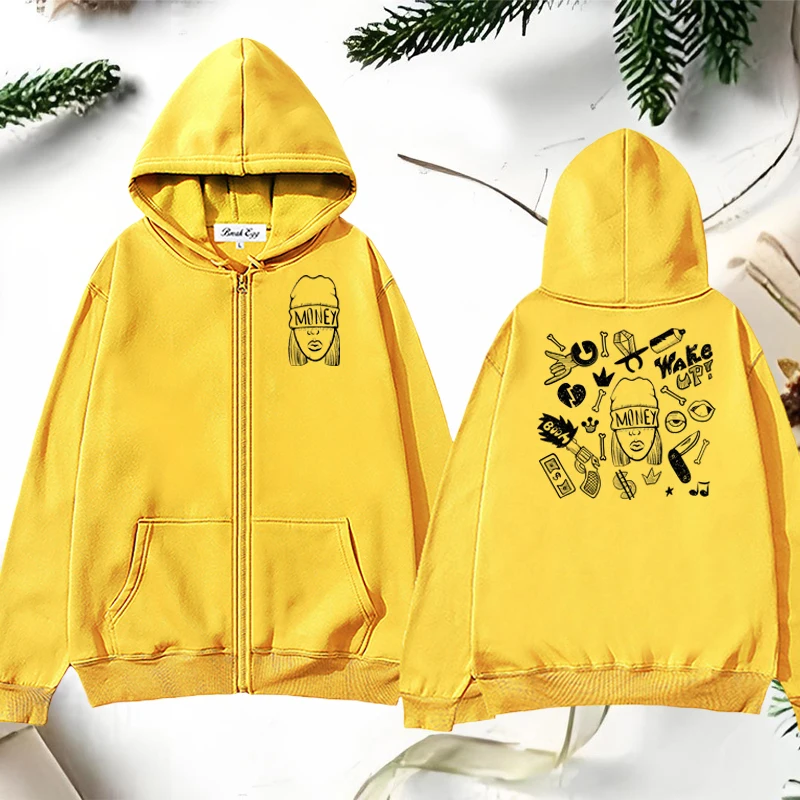 

Rap Music Hip-hop Graffiti Graphic Women Zipper Hoodie Polyester Pocket Loose Thin Spring Autumn Sports Leisure Lady Sweater