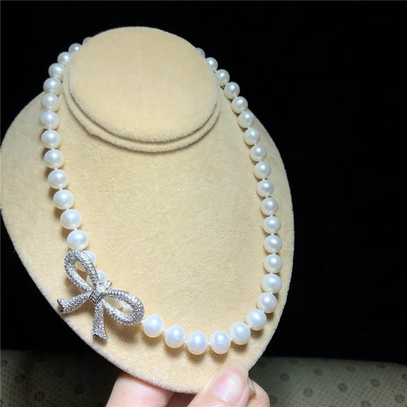 

37cm Natural 8-9mm Real Choker Pearl Necklace Bow Accessory 925 Sterling Silver Lobster Clasp + Extension Chain Free Shipping