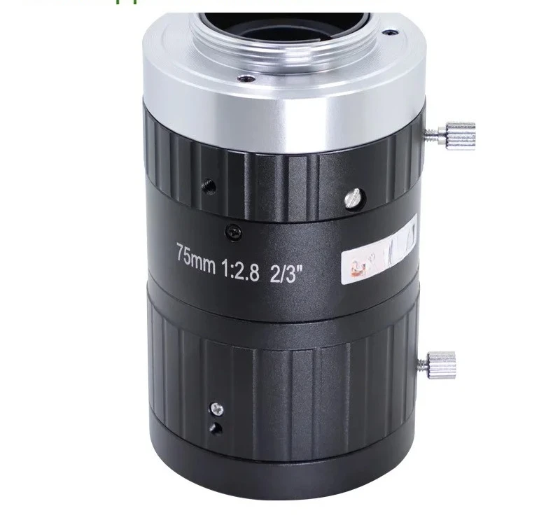 Low distortion 75mm industrial lens with high resolution of 10 million pixels 2/3 