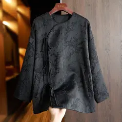 Modische Jacquard-Hemdjacke im chinesischen Stil für Damen, Rundhalsausschnitt, lange Ärmel, Schnürschnalle, Vintage-Stil, lockerer Blusenmantel