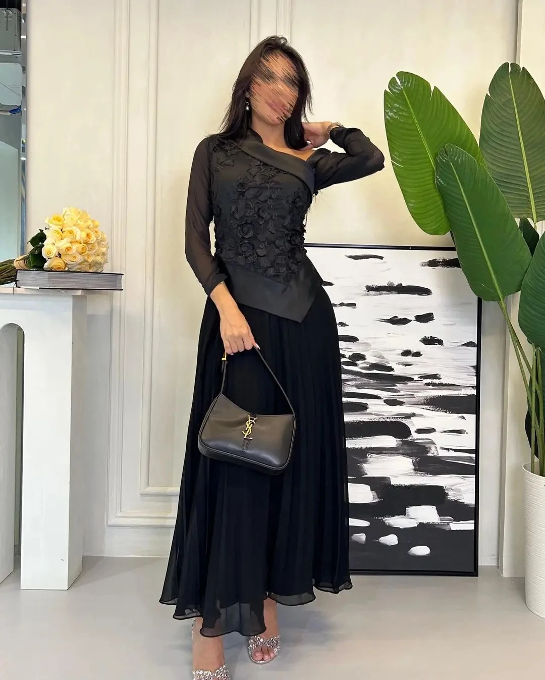 

Romantic Black Satin Applique Prom Dresses Long Sleeves A-Line Chiffon Satin Saudi Arabia Women Evening Dresses Party Gowns