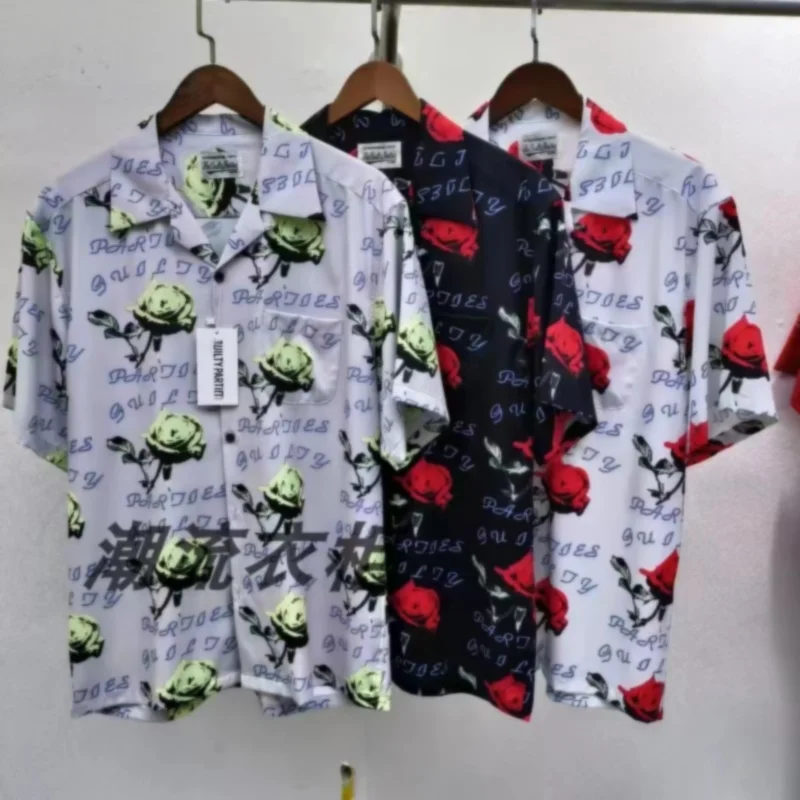 

Latest Summer Rose Full Print Hawaii Short Sleeve Shirt Fashion Cuban Neck Mens Womens 1:1 WACKO Shirt