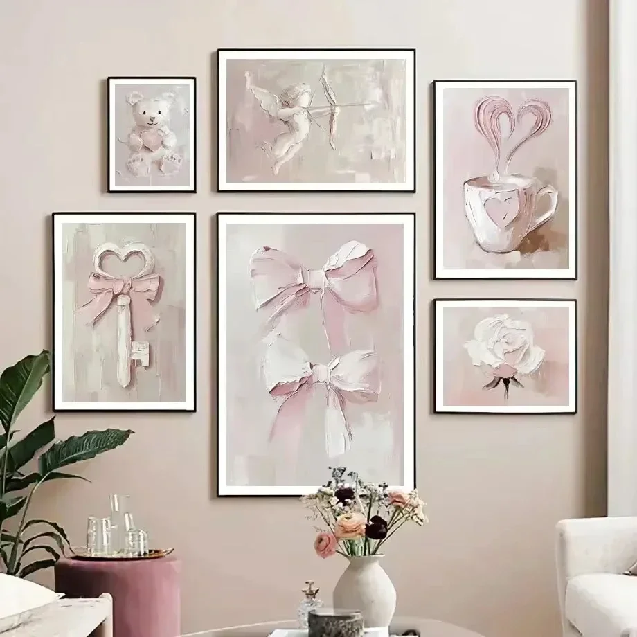 （2D Canvas painting） 1pc Pink Girl Heart Retro Aesthetic Canvas Painting Little Bear Bow Love Butterfly Cupid Poster Home Roo