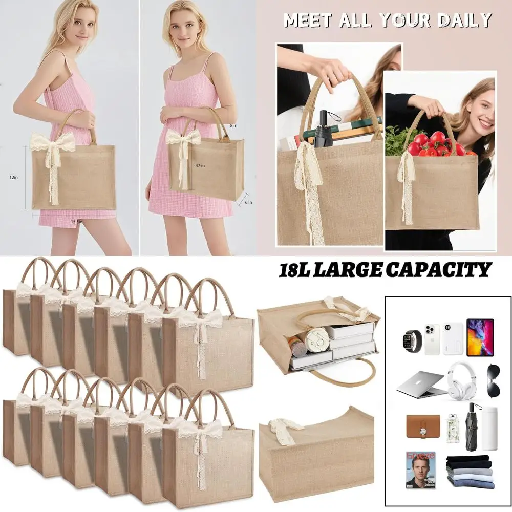 

Set of 12 Waterproof Burlap Tote Bags with Handles, Reusable Grocery Bags, Ideal for Beach, Shopping, Weddings, Travel, and DIY