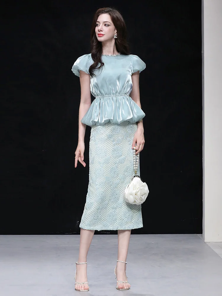 

Ele round Ne Embroidered Glass Silk Top High Waist Straight Cut Skirt Two Piece Set Summer Faion for Women 25-35