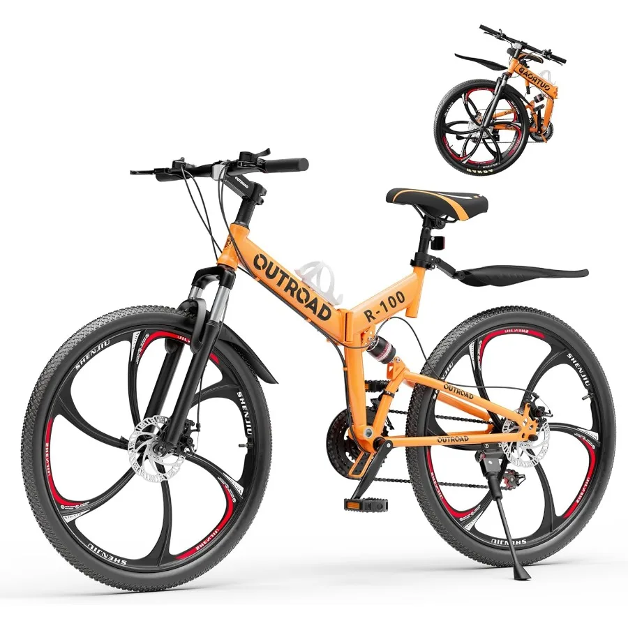 

26 Складной горный велосипед для взрослых и подростков, 21 скорость, полная подвеска, с рамой из высокоуглеродистой стали, двойные дисковые тормоза, быстросъемный механизм