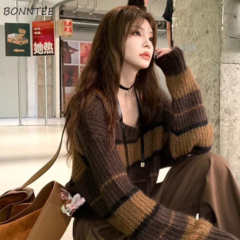 

Autumn Pullovers Women Knitting Loose Striped Vintage Winter Tops Basic All-match Female Ulzzang Slouchy Panelled Short Ins Chic