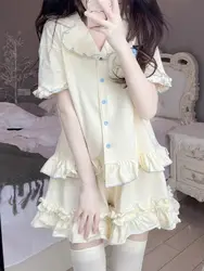 Conjuntos de pijama de manga corta para mujer, ropa de dormir bonita, lencería, cárdigan, pantalones cortos, ropa de salón japonesa de princesa, pijamas con volantes Kawaii