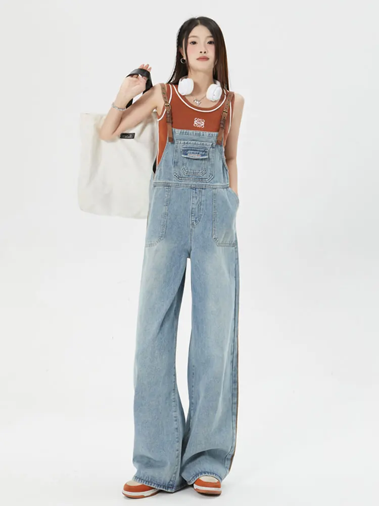 

Легкие джинсовые комбинезоны женские, повседневные, прямые, широкие штанины, цельные брюки, винтажные, с высокой талией, свободного кроя, лето 2025