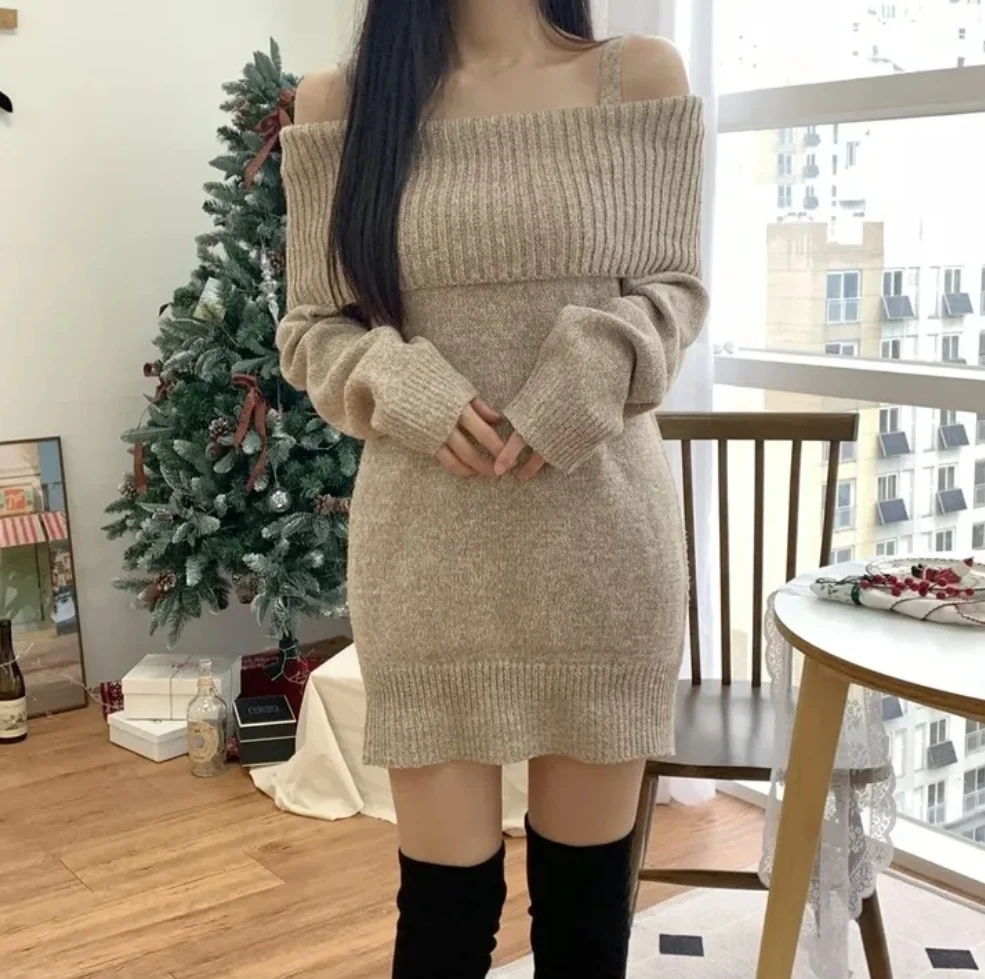 

Sexy strapless one neck knit dress temperament foreign style halter sweater commuter casual dresses