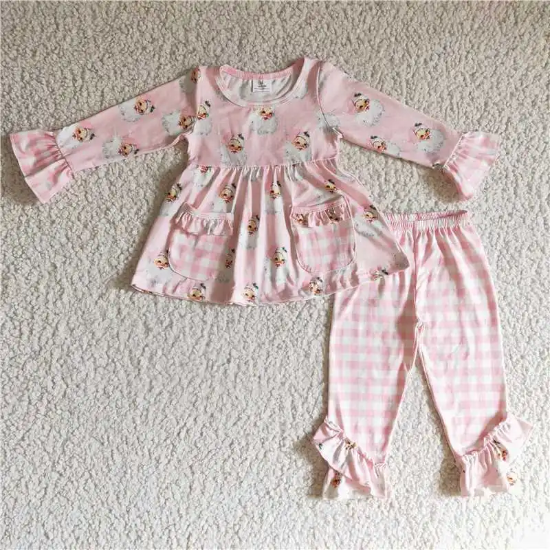 New Fashion Baby Girls Embroidered Christmas Tree Plaid Pink Bow Long Sleeve Pants Set Wholesale Boutique Children Clothes RTS