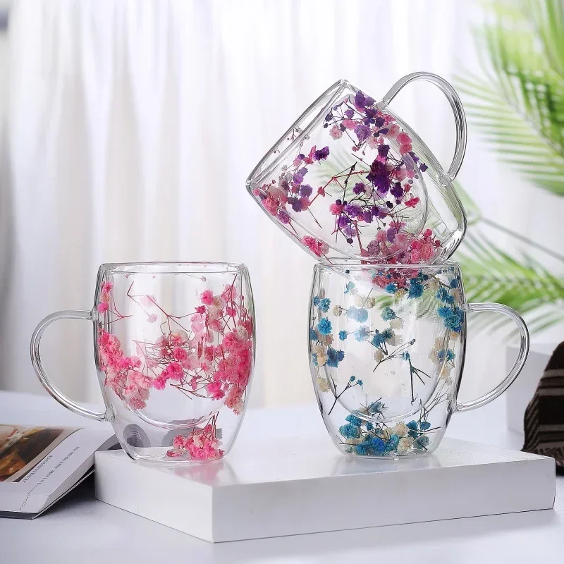 250ml / 350ml Double Wall Glass Cup Dry Flowers Insulated Flowers Espresso Cup Coffee Mugs Dual Layered Glass Cups Dried Flowers