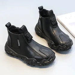 Kids Leather Boots High Quality Plus Cotton Warm Winter Snow Boot Black Non-slip Soft Sole Boy Shoes Zipper Children Ankle Boots