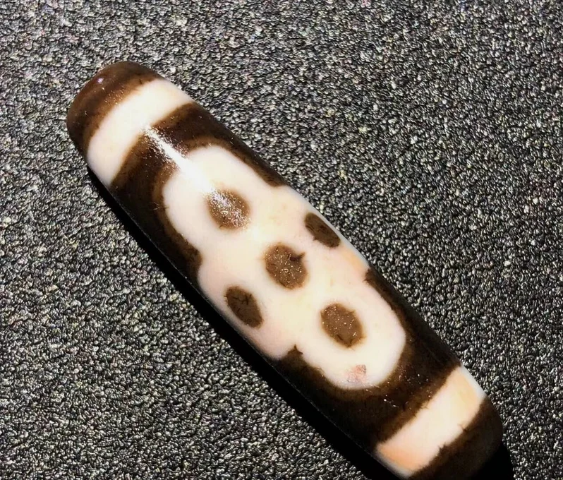 Magic Tibetan Old Agate 5eye Lightening Cinnabar Totem dZi Bead Amulet11.3*42mm