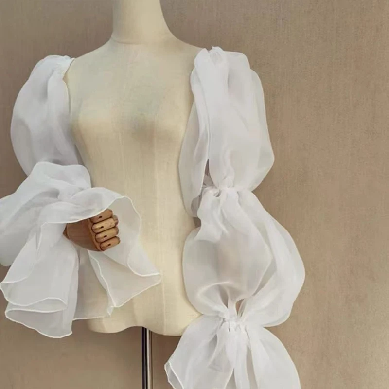 エレガントなパフウェディングアームスリーブ、宴会用イブニングドレスデコレーション、フリルフェアリースリーブ、蝶結びスイートブライド、取り外し可能なスリーブ